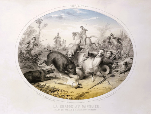 Hunting Horses Four Continents Lithographs Colors By Bès And Dubreuil 19th  C