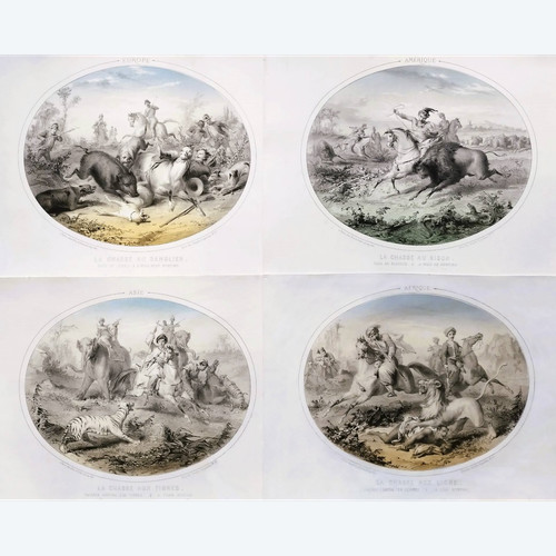 Hunting Horses Four Continents Lithographs Colors By Bès And Dubreuil 19th  C