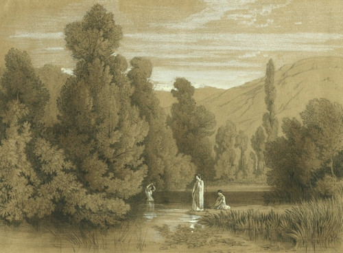 Femmes à la rivière - Dessin original ancien - Fusain et gouache blanche