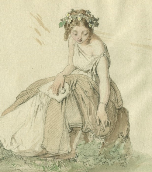 Allegorie der Botanik – Porträt einer Frau – alte Originalzeichnung 