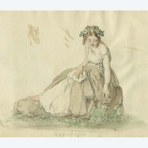Allegorie der Botanik – Porträt einer Frau – alte Originalzeichnung 