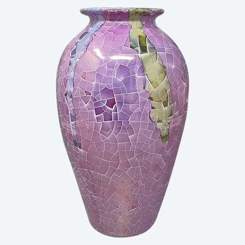 1960s Astonishing Giuseppe Locci Polycrome Craquelé Vase in Sardinian Ceramic. Made in Italy