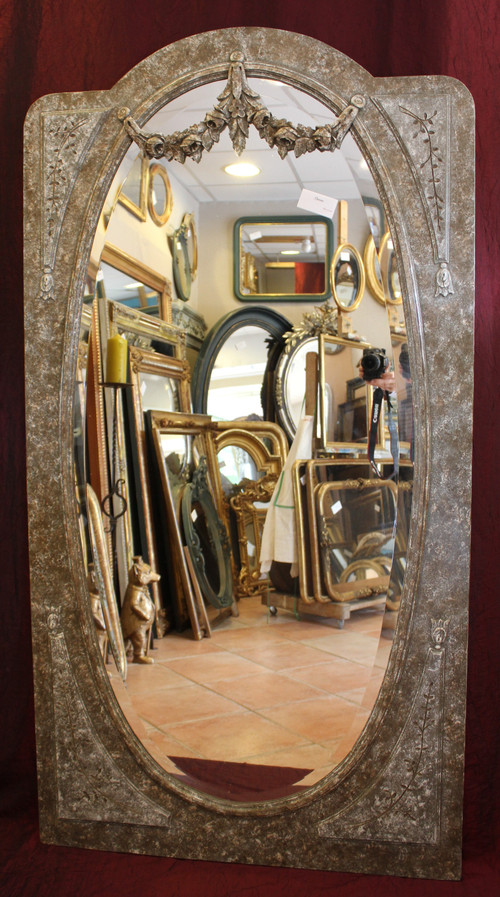 89 X 169 Cm, Grand Miroir De Pied De Style Louis XVI, Bois Patiné, glace ovale biseautée