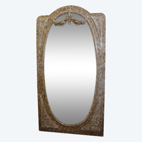 89 X 169 Cm, Grand Miroir De Pied De Style Louis XVI, Bois Patiné, glace ovale biseautée