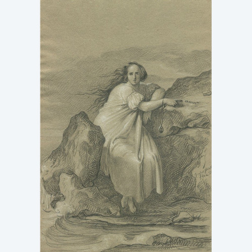 Giulio PIATTI (1816-1872) - Italie - Femme sur un rocher - Dessin original ancien