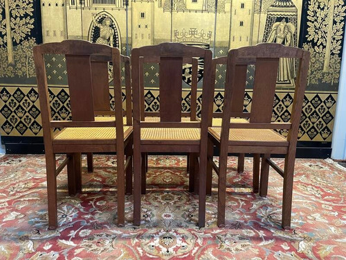 Suite de 6 chaises époque Art Déco en chêne et cannage - cannées 