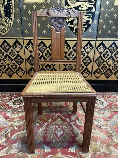Suite de 6 chaises époque Art Déco en chêne et cannage - cannées 