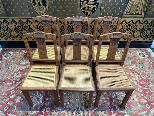 Suite de 6 chaises époque Art Déco en chêne et cannage - cannées 