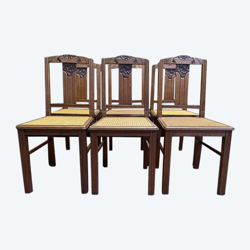 Suite de 6 chaises époque Art Déco en chêne et cannage - cannées 