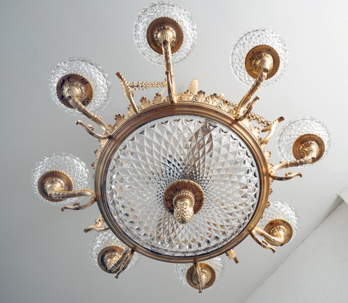 Lampadario Antico Napoleone III Francese In Bronzo Dorato E Cristallo. Periodo del XIX secolo.