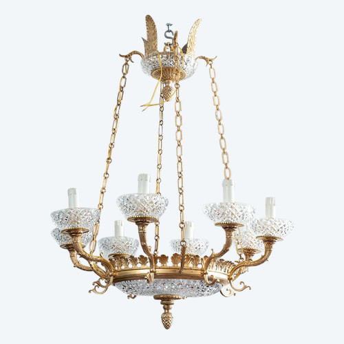 Lampadario Antico Napoleone III Francese In Bronzo Dorato E Cristallo. Periodo del XIX secolo.