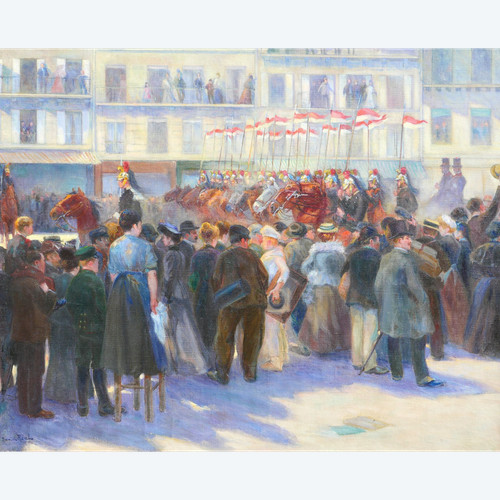 Daniel Réal 1877-1931 Le défilé des dragons-lanciers, tableau militaire, 1904