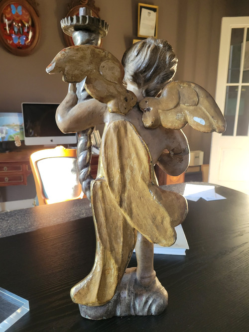 Porte Trocheres En Bois Sculpte Polychome d'Un Ange Tenant Une Corne d'Abondance