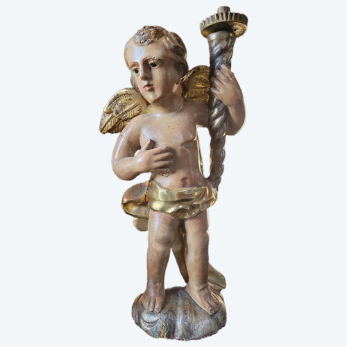 Porte Trocheres En Bois Sculpte Polychome d'Un Ange Tenant Une Corne d'Abondance
