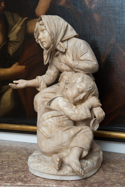 Sculpture Ancienne En Albâtre Représentant Les Enfants Mendiants Florence 19ème Siècle.