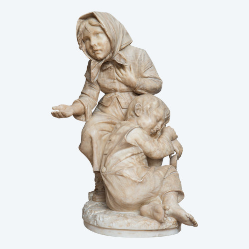 Sculpture Ancienne En Albâtre Représentant Les Enfants Mendiants Florence 19ème Siècle.