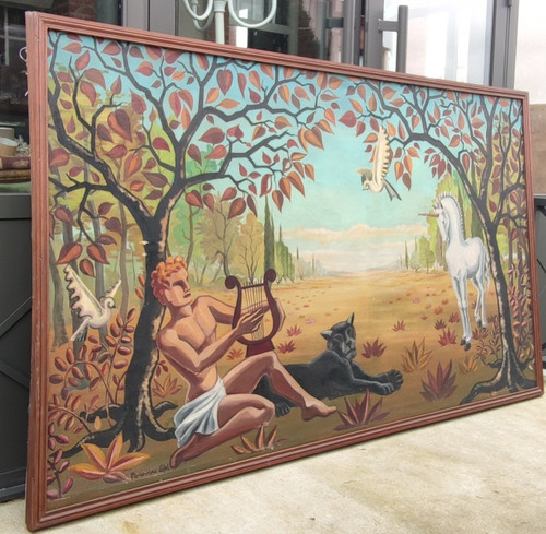 Antique Very Large Art Deco Unicorn Painting On Canvas Cocteau / Lefol Style
