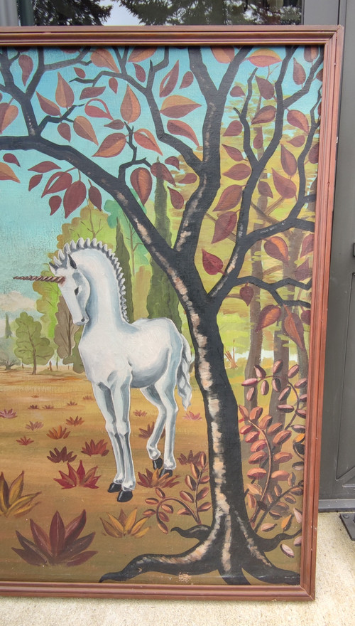 Antique Very Large Art Deco Unicorn Painting On Canvas Cocteau / Lefol Style