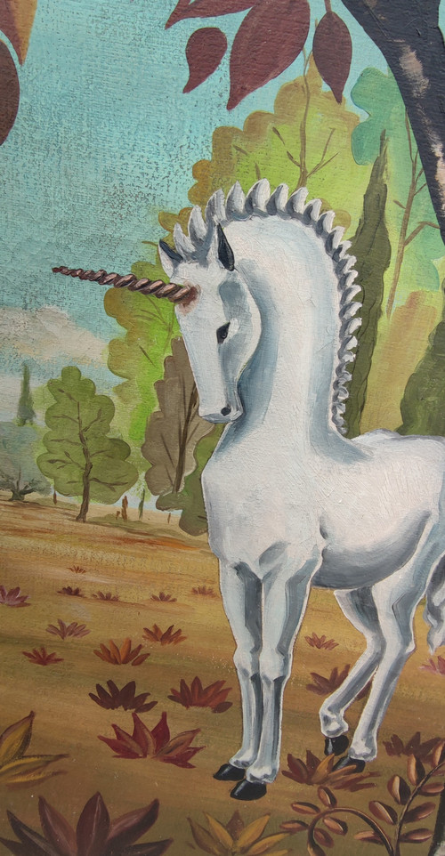 Antique Very Large Art Deco Unicorn Painting On Canvas Cocteau / Lefol Style