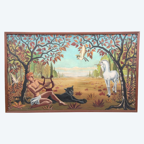 Antique Very Large Art Deco Unicorn Painting On Canvas Cocteau / Lefol Style
