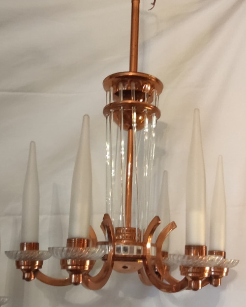 Henri Petitot Art Deco Copper and Glass Chandelier Floor Lamp Set