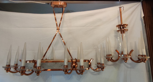 Henri Petitot Art Deco Copper and Glass Chandelier Floor Lamp Set