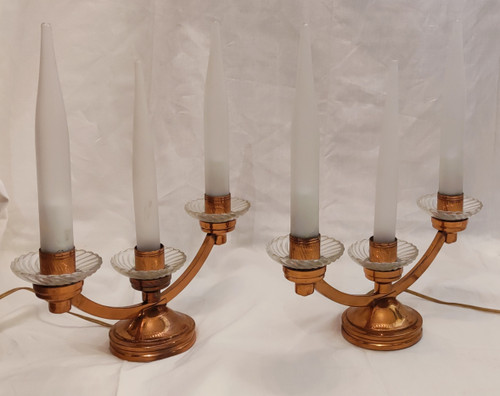 Henri Petitot Art Deco Copper and Glass Chandelier Floor Lamp Set