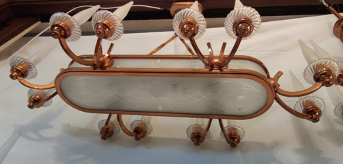 Henri Petitot Art Deco Copper and Glass Chandelier Floor Lamp Set