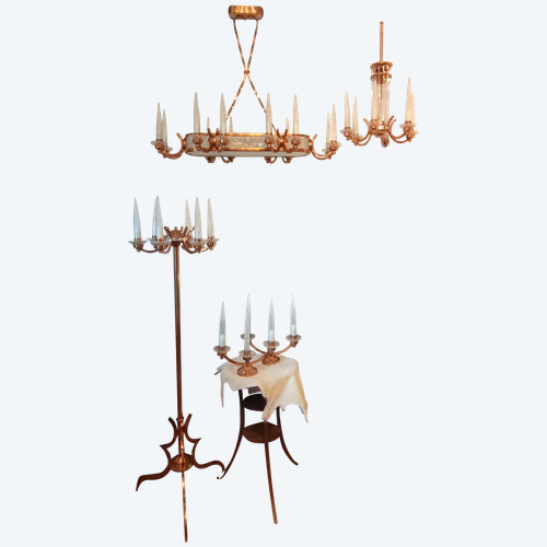 Henri Petitot Art Deco Copper and Glass Chandelier Floor Lamp Set
