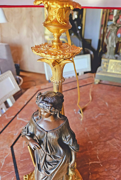 Henri Picard Pair of Lamps "aux Vestales" Gilt and Patinated Bronze Signed