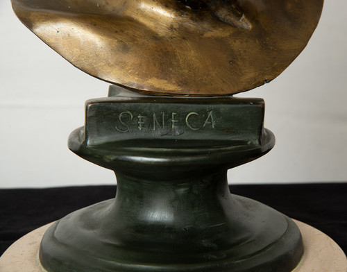 Ancienne Sculpture En Bronze Représentant La Tête Du Philosophe Sénèque. Naples 20ème Siècle.