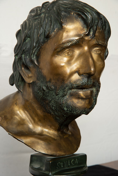 Ancienne Sculpture En Bronze Représentant La Tête Du Philosophe Sénèque. Naples 20ème Siècle.