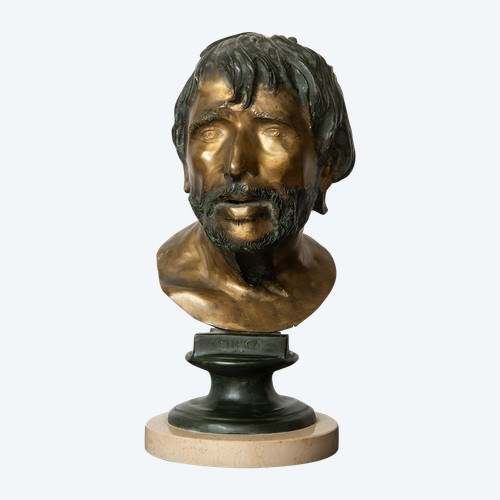 Ancienne Sculpture En Bronze Représentant La Tête Du Philosophe Sénèque. Naples 20ème Siècle.