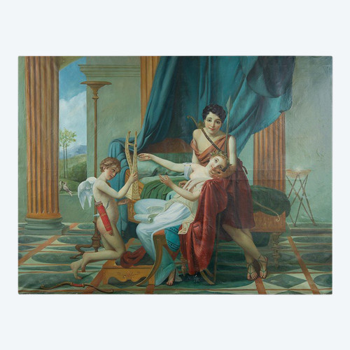 Tableau Ancienne Huile Sur Toile Représentant Une Scène Néoclassique. France 20ème Siècle