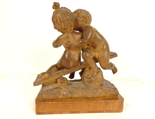 Scultura in Terracotta Emmanuel Villanis Bacio Infantile di Putti Fine XIX Secolo