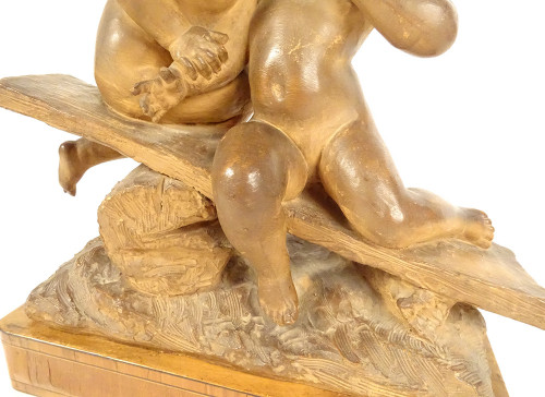 Scultura in Terracotta Emmanuel Villanis Bacio Infantile di Putti Fine XIX Secolo