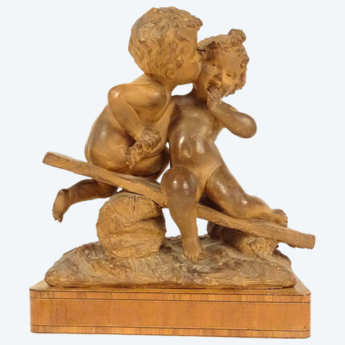 Scultura in Terracotta Emmanuel Villanis Bacio Infantile di Putti Fine XIX Secolo