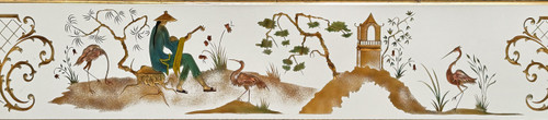 Brasserie mirror in eglomise glass decorated with chinoiserie scenes