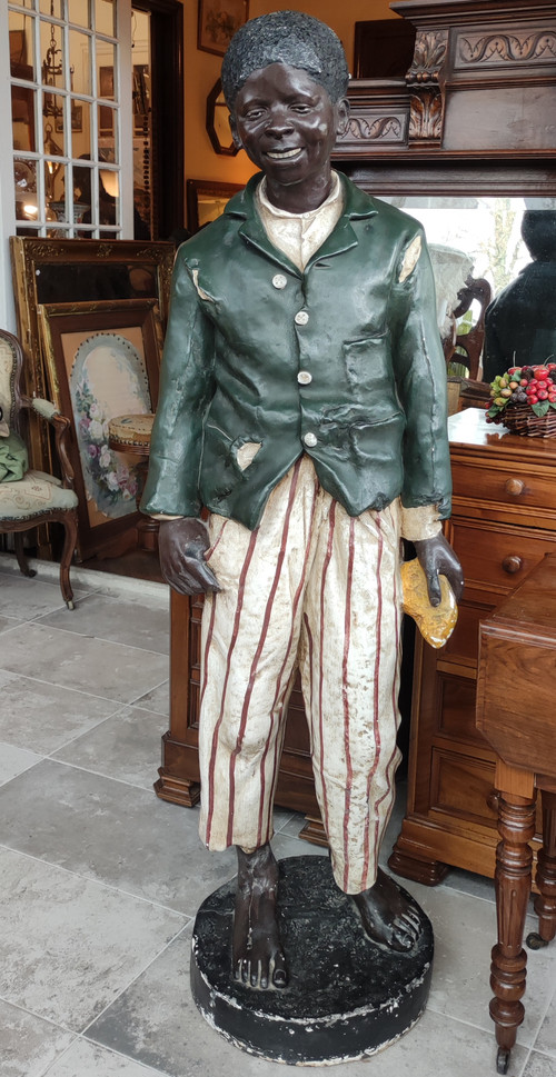 Vecchia grande statua Giovane afroamericano in gesso policromo DELARUE-PICARD 1885