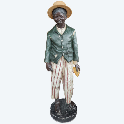 Vecchia grande statua Giovane afroamericano in gesso policromo DELARUE-PICARD 1885