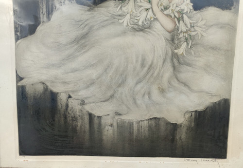Ancienne grande Lithographie encadrée  La dame aux lys  Louis Icart Ancienne grande Lithographie enc