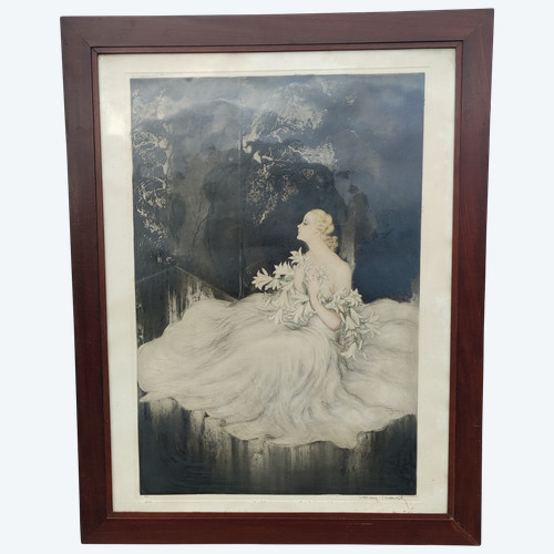 Ancienne grande Lithographie encadrée  La dame aux lys  Louis Icart Ancienne grande Lithographie enc