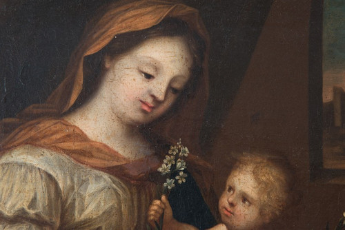Dipinto antico raffigurante la Vergine col Bambino. Lombardia XVIII Secolo