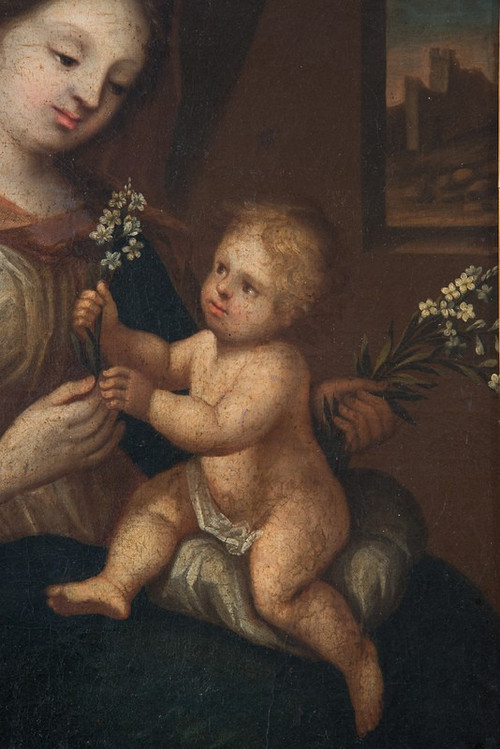 Dipinto antico raffigurante la Vergine col Bambino. Lombardia XVIII Secolo