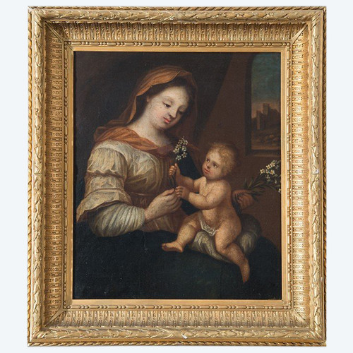 Dipinto antico raffigurante la Vergine col Bambino. Lombardia XVIII Secolo