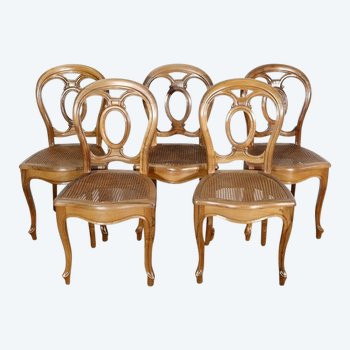  Set of 5 solid walnut chairs in the Louis XV style, Napoleon III period - Mid-19th century