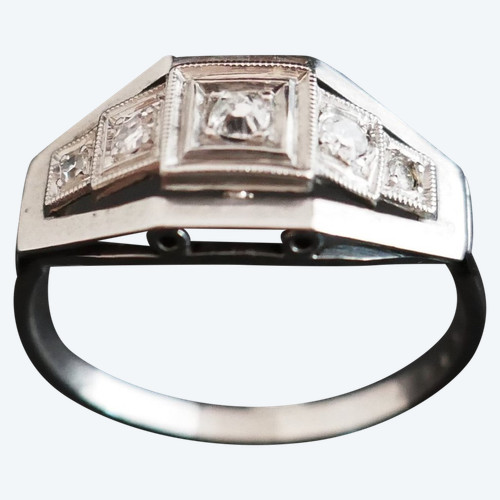 Art-Deco-Ring, verziert mit 5 Diamanten, 18 Karat Gold und Platin.