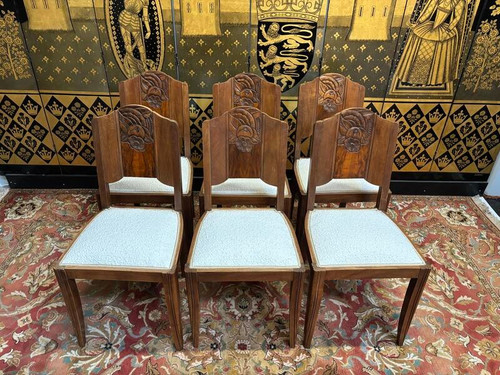 Set of 6 art deco walnut chairs