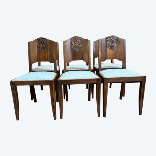 Set of 6 art deco walnut chairs