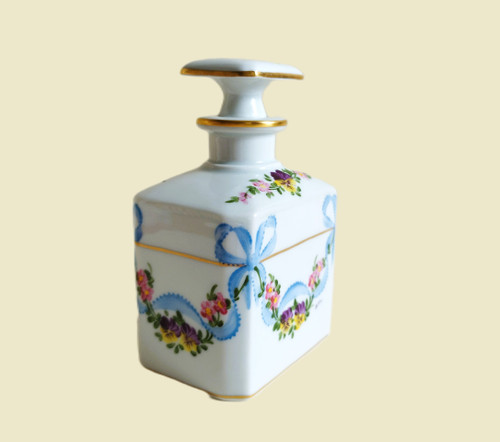 Limoges Porcelain Perfume Bottle Hand Painted And Gilted With Floral Decor Bowknot Pansies Vintage